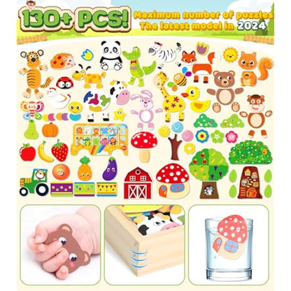 Jojoin 130 PCS Wooden Magnetic Puzzle - New Magnetic Puzzle Board - Cute Animal Fruit Pattern Games Double Sided Jigsaw - Montessori Educational Toys Gift for 3 4 5 Year Old Boys Girls