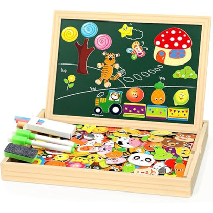 Jojoin 130 PCS Wooden Magnetic Puzzle - New Magnetic Puzzle Board - Cute Animal Fruit Pattern Games Double Sided Jigsaw - Montessori Educational Toys Gift for 3 4 5 Year Old Boys Girls