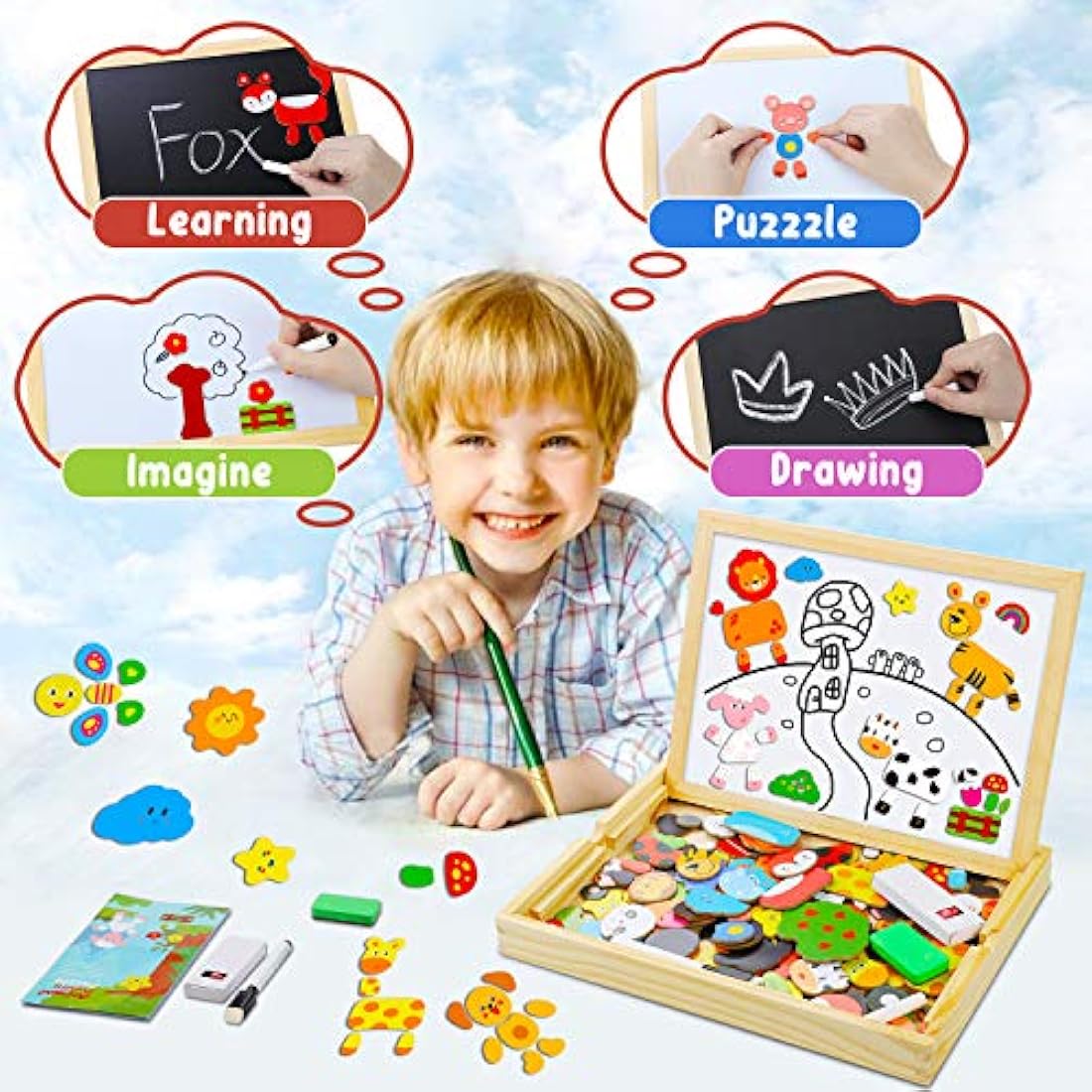 COOLJOY 100+ PCS Wooden Magnetic Puzzle Board