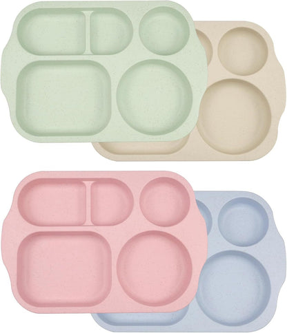 4pcs Plastic Divided Plates, with 5 Compartments
