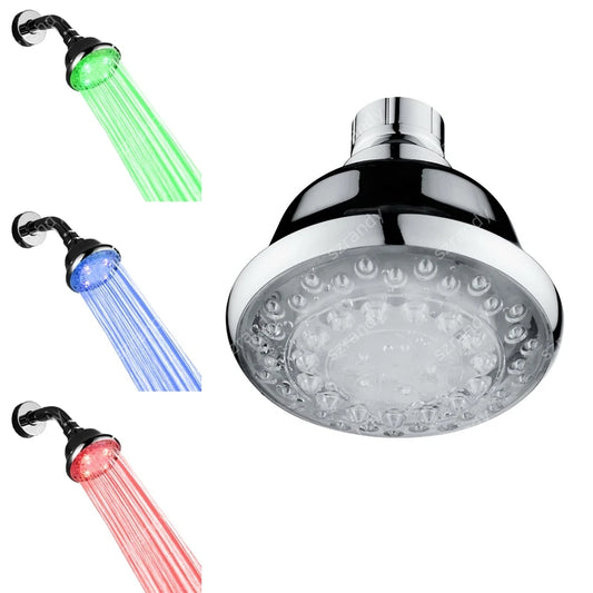 LED shower head with temperature-based or multicolour lighting, designed for safe, sensory-friendly and visually engaging bathing