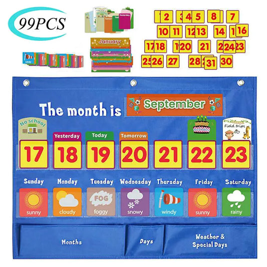 Children's educational calendar with months, days, and weather icons on a blue background.