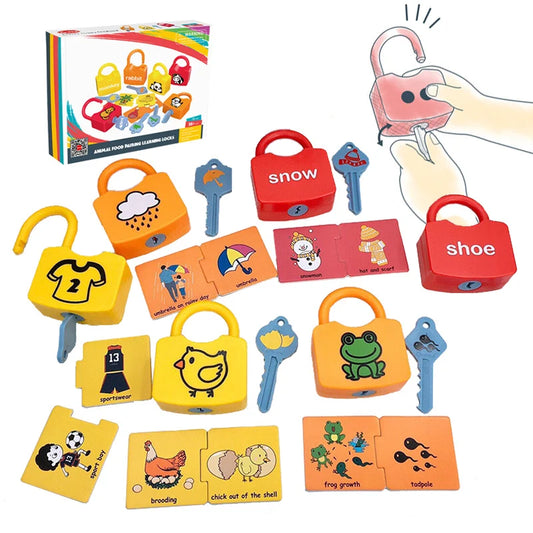 Colorful educational toy set with locks, keys, and cards on a white background