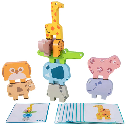 Stacking toy with colorful animal figures and matching cards on a white background