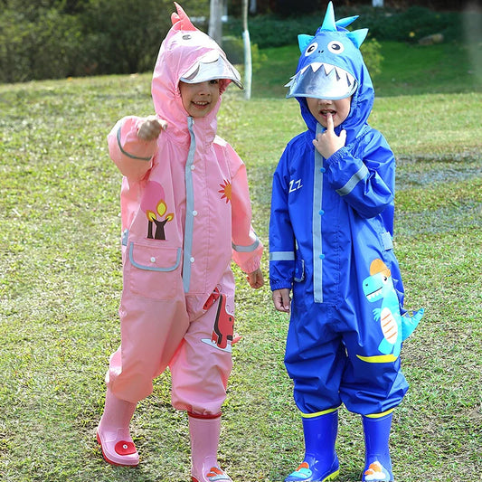 Cartoon dinosaur waterproof one-piece rain suit for children, designed with full-body coverage and sensory-friendly materials