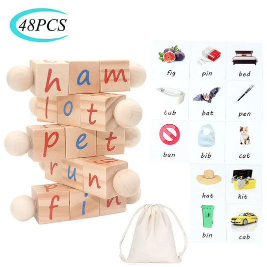 Wooden blocks with letters and images, including a drawstring bag, on a white background.