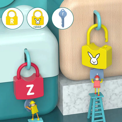 Colorful padlocks with cartoon characters on a marble surface