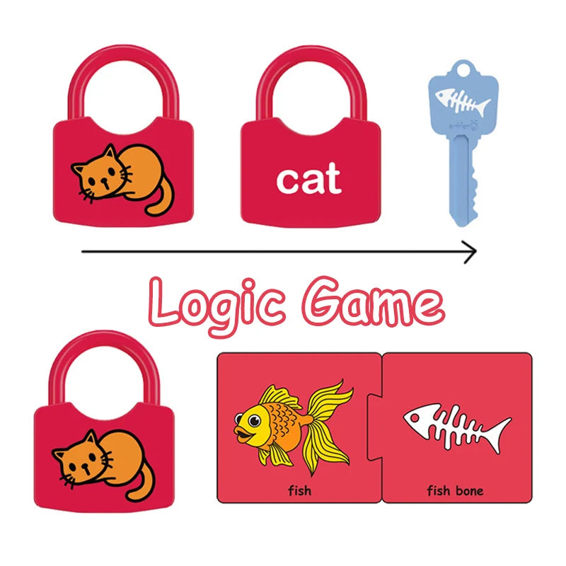 Educational logic game with locks, keys, and cards featuring animals and objects.