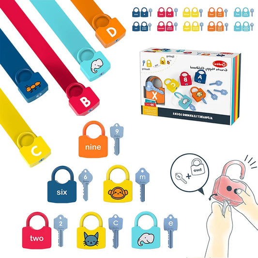 Colorful locks and keys with corresponding letters and numbers, including a box and packaging.