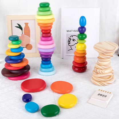 Wooden Rainbow Pebbles Stack-Tactile Balance & Open-Ended Neurodivergent Play