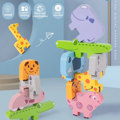 Colorful wooden animal toys on a light blue surface with educational icons and text.