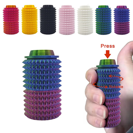 Colorful textured hand gripper with a hand holding it, showing its use.
