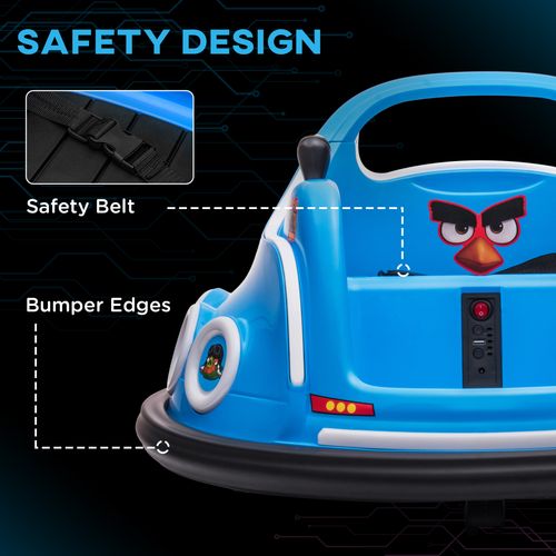 Close-up of Angry Bird-themed bumper car with remote and joystick features, ideal for inclusive driving routines.