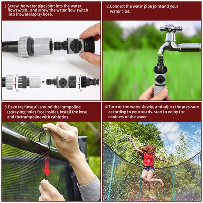 Close-up of adjustable water sprinkler hose attached to trampoline, shown in garden setting.