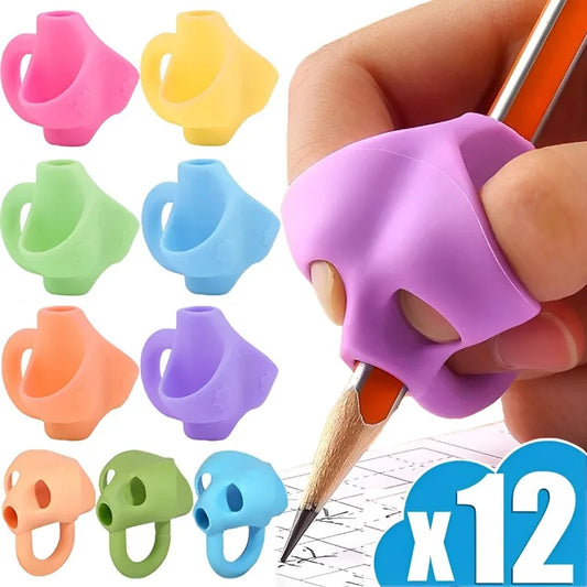 A collection of silicone handwriting posture correction tools in various colors, designed to hold a pencil, with an image depicting the tool being used by a child to write.