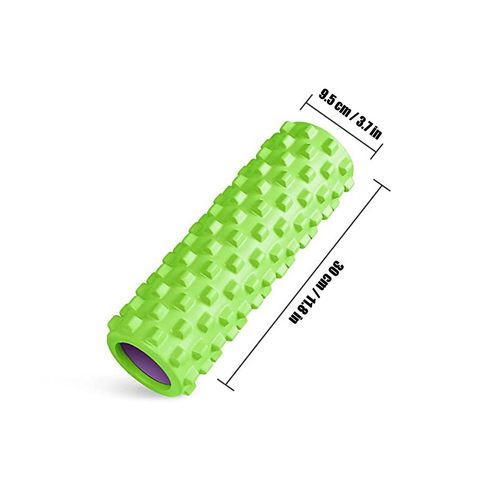 Fitness foam roller in green EVA foam with textured surface for sensory-friendly recovery and proprioception.