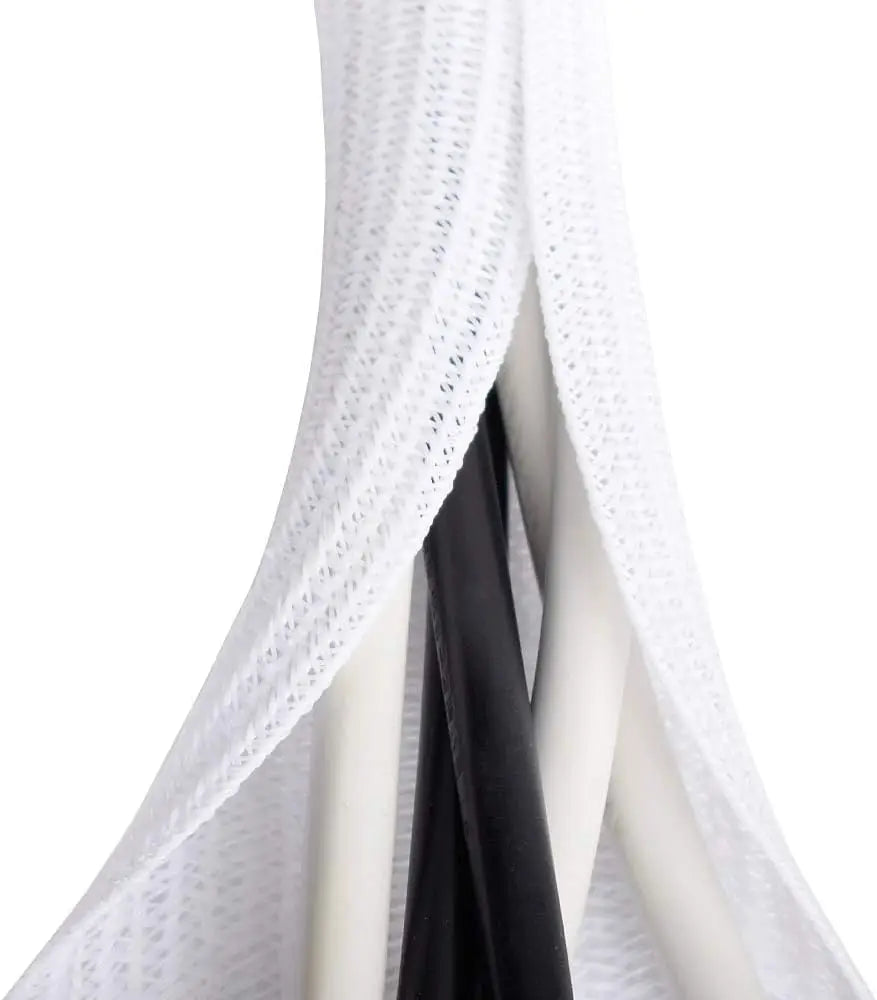 White cable sleeve coiled neatly, shown wrapped around multiple wires to reduce clutter and improve safety