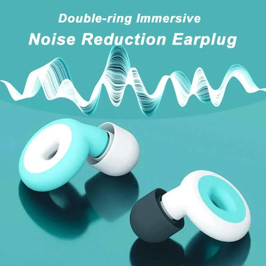 Soft silicone earplugs resting on bedside table next to sleep mask and pouch, designed for noise reduction and calming rest