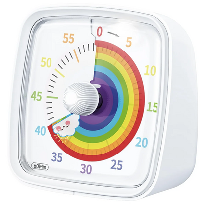 A square-shaped Rainbow Visual Timer with a vibrant, color-coded circular dial and a central rotating element. The timer is silent and designed for 60-minute countdowns, suitable for use in various settings to promote focus and time management.