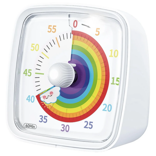 A square-shaped Rainbow Visual Timer with a vibrant, color-coded circular dial and a central rotating element. The timer is silent and designed for 60-minute countdowns, suitable for use in various settings to promote focus and time management.