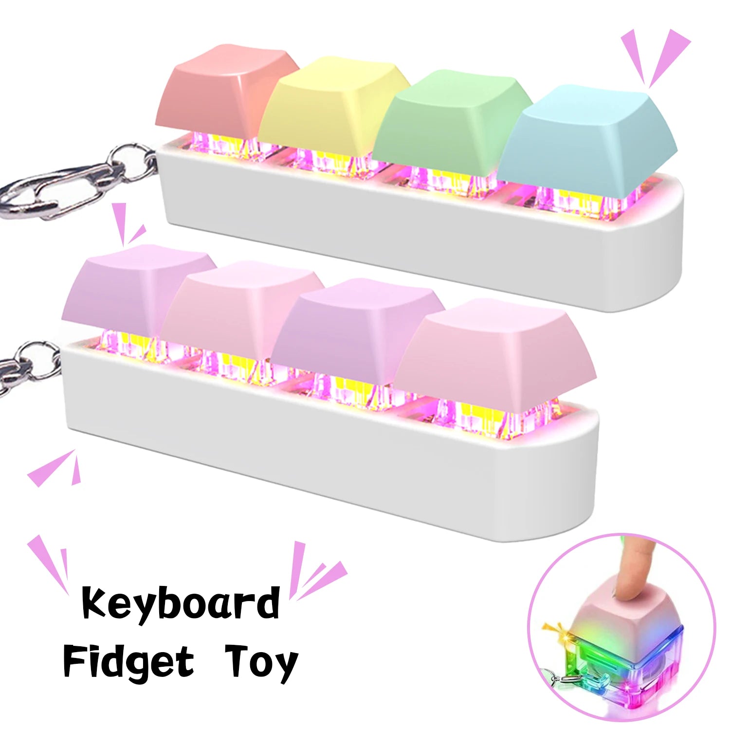Keyboard fidget toy with colorful keys and LED lights on a white background
