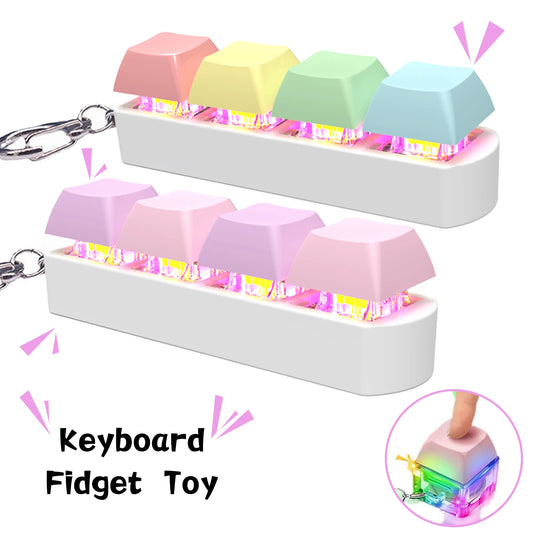 Keyboard fidget toy with colorful keys and LED lights on a white background