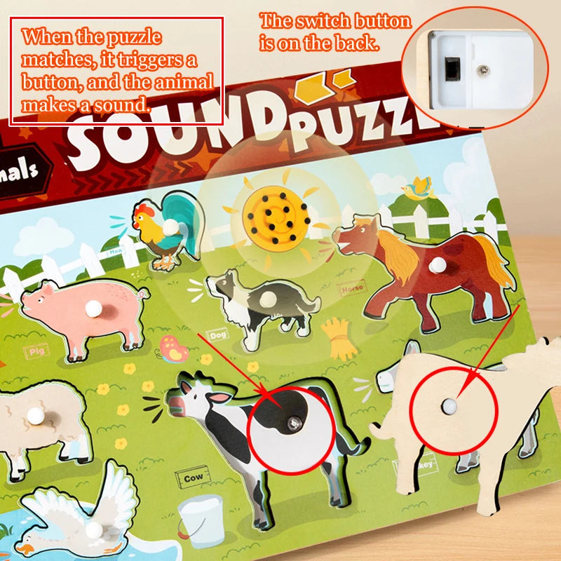 Sound puzzle with farm animals and a switch button on the back