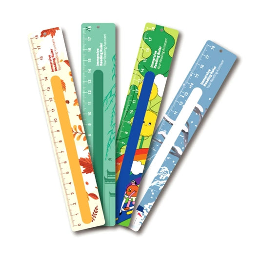 Coloured reading ruler bookmarks arranged in a fan, each with a transparent strip for tracking text line-by-line in books