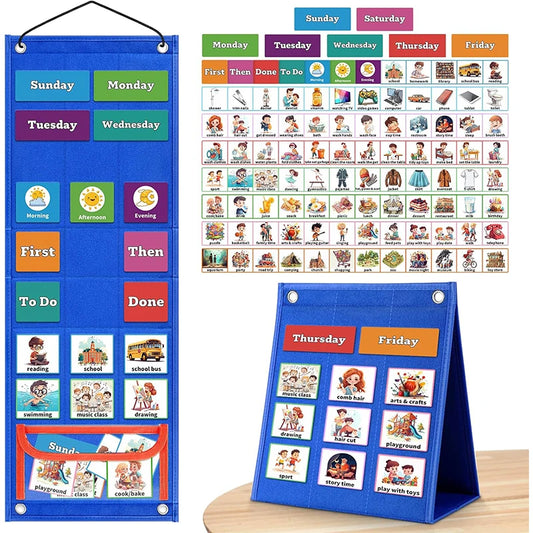 Colourful daily schedule chart displayed with picture icons for tasks such as brushing teeth, reading, and snack time, shown on board with Velcro backing