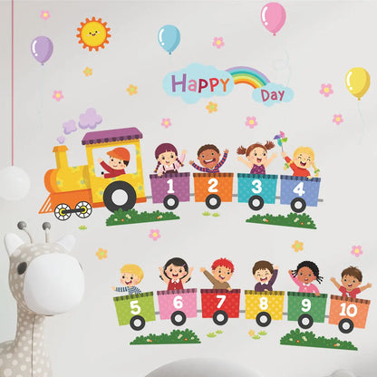 Cartoon number train rainbow self adhesive wall décor