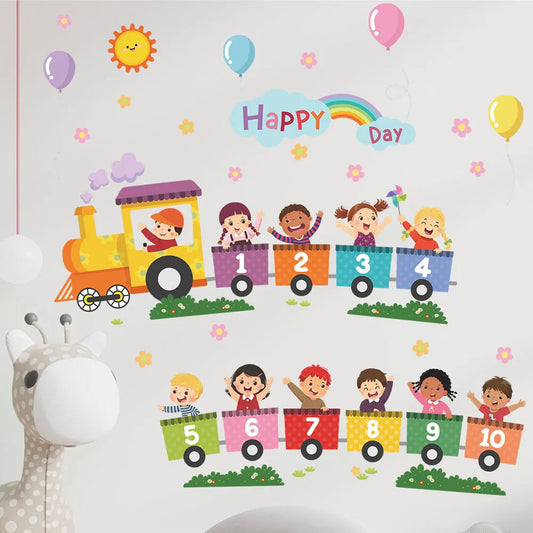 Cartoon number train rainbow self adhesive wall décor