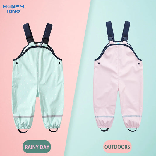 PU waterproof rain pants with adjustable suspenders for children, designed for sensory-safe outdoor protection and play
