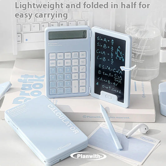 Foldable calculator with integrated handwriting pad for visual problem-solving