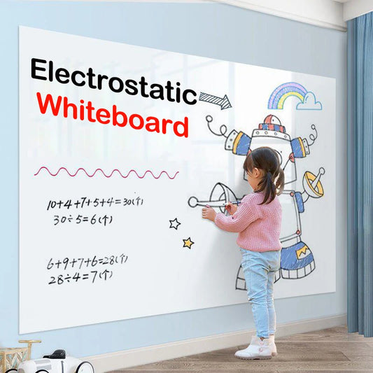 Rolled sheet of reusable static whiteboard film placed near wall with planning drawings, markers and magnetic clips