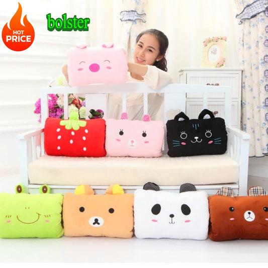 Woman sitting on a bed with animal-shaped cushions, including a strawberry, bear, and cat design, with 'bolster' branding and promotional text.