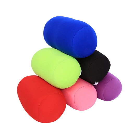 Compact microbead back cushion with soft outer cover shown resting on chair for posture support and sensory comfort