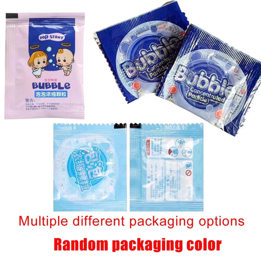 Various packaging options for bubble solution packets with text indicating random color.