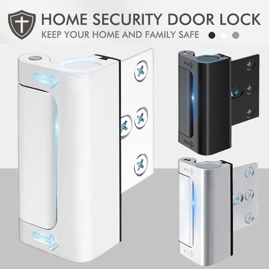 Metal reinforcement safety latch shown mounted above door handle with screws and installation template beside