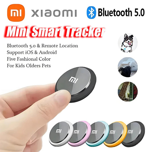 Xiaomi mini GPS tracker shown next to a smartphone, highlighting compact size and app-based location tracking