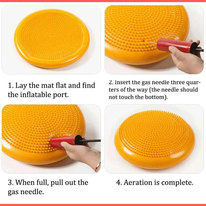 Instructions for inflating a yellow inflatable mat with text on how to do so.