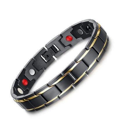 Black and gold bracelet with red accents on a white background