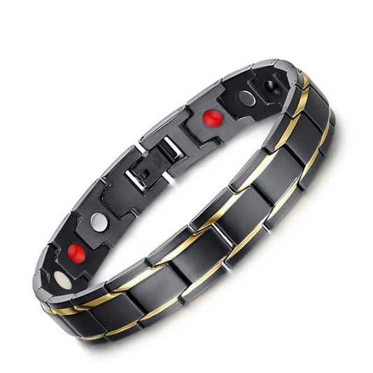 Black and gold bracelet with red accents on a white background