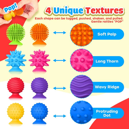 8 Piece Set of Silicone Soft Sensory Fidget Toys with Texture Suction Cups