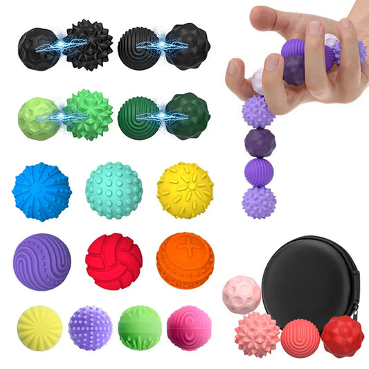 Set of sensory magnetic balls arranged in geometric shapes, shown in assorted colours for tactile play and focus