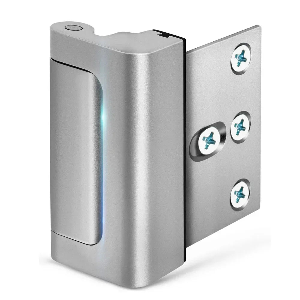 A silver childproof reinforcement lock with a 3 inch stop for inward swinging doors, with visible screws on the mounting plate.