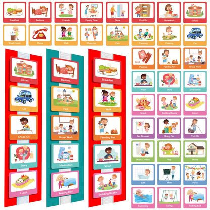 A set of children's visual routine chart cards with various daily activity illustrations.