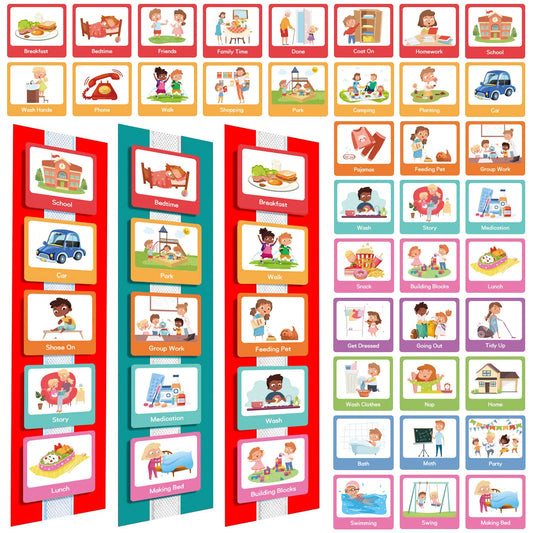 A set of children's visual routine chart cards with various daily activity illustrations.
