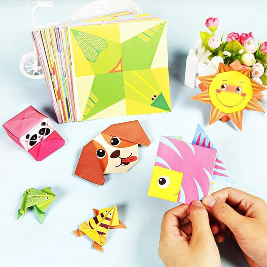 Origami paper set with colourful sheets and folded creations for sensory-friendly craft and fine motor skill development