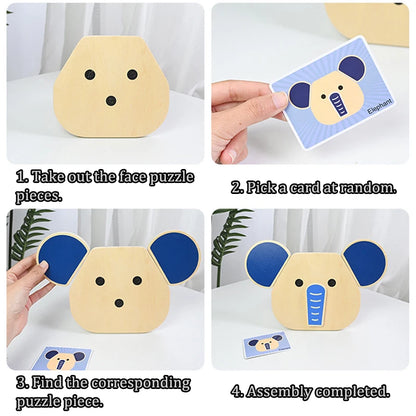 Step-by-step guide to assembling a cardboard elephant puzzle with face pieces and cards.
