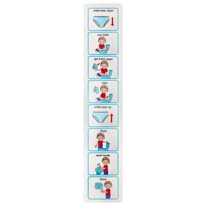Colourful wall-mounted potty training chart with visual icons and reward spaces designed to support routine building and independent toilet habits